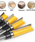 Pro Grade 4 Piece Flush Trim Router Bit Set with C2 carbide and top bearing, quarter inch shank for woodworking on various materials.