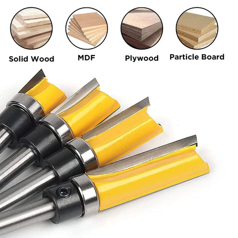 Pro Grade 4 Piece Flush Trim Router Bit Set with C2 carbide and top bearing, quarter inch shank for woodworking on various materials.