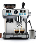 Everyday Home Barista Espresso Machine With Built In Grinder, 20 Bar Pressure For Rich Extraction, Temperature Control 194F To 203F, 68 Oz Water Tank, All In One Coffee Maker With Cold Brew on kitchen counter with espresso cups and milk frother.