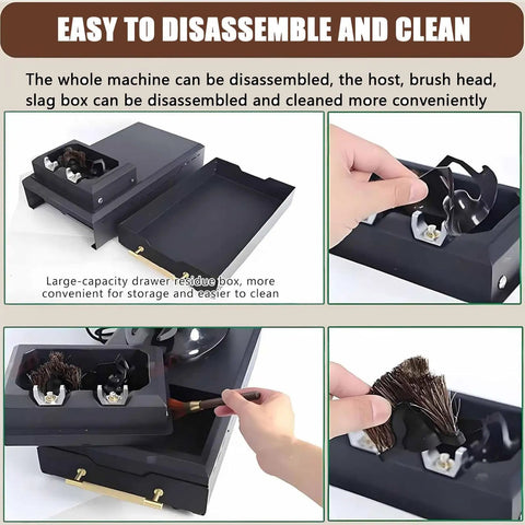 Slick Electric Portafilter Cleaner For 58 Mm Espresso Machines With 300 Rpm Motor And Detachable Knock Box Combo shows disassembly steps.