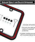 Heavy Duty Zinc Alloy License Plate Frame With Four Mounting Holes, Rust Proof And Unbreakable, Two Tone Chrome Finish With Recessed Epoxy Inlay, Includes Mounting Hardware Kit And Screw Caps, Black Red displayed with hardware kit.