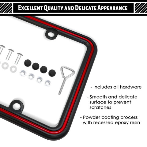 Heavy Duty Zinc Alloy License Plate Frame With Four Mounting Holes, Rust Proof And Unbreakable, Two Tone Chrome Finish With Recessed Epoxy Inlay, Includes Mounting Hardware Kit And Screw Caps, Black Red displayed with hardware kit.
