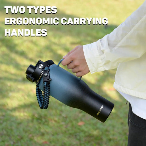 Close-up of Squad Sized 40 Oz Insulated Water Bottle With Straw Lid, featuring ergonomic carrying handles outdoors.