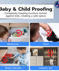 Infographic showing Hidden No Drill Adhesive Magnetic Cabinet Lock securing medicine, guns, sharp utensils, and liquor cabinets.