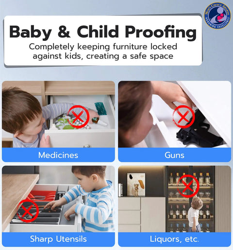 Infographic showing Hidden No Drill Adhesive Magnetic Cabinet Lock securing medicine, guns, sharp utensils, and liquor cabinets.