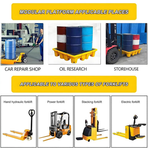 Heavy Duty Chemical Spill Containment Tray With Modular HDPE Pallet Rack, Garage Wall Organizer, Detachable Safety Grating in various work environments.
