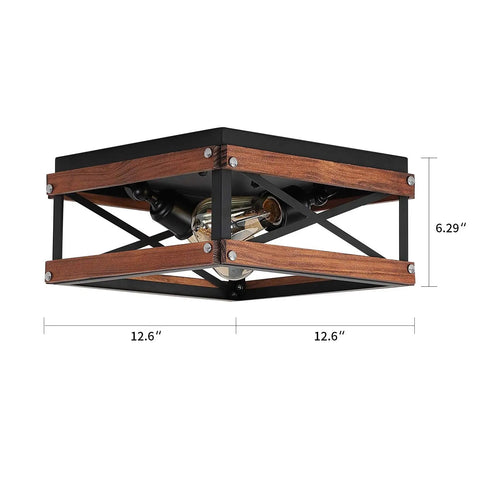 Rustic Farmhouse Two Light Flush Mount Ceiling Light In Black With Metal And Wood Square Frame For Hallway Bedroom Kitchen Entryway Industrial Vintage Style