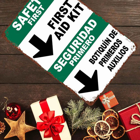 Funny First Aid Kit Metal Sign 8x12 Aluminum Wall Decor against wood table with holiday decorations
