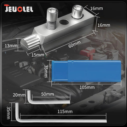 Broken Faucet Removal Tool Pro Grade And Pipe Extractor Set dimensions and components over car engine background