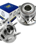 Front And Rear Wheel Hub Bearing Assembly Replacement For GM Cars Like Malibu Impala Equinox Terrain Lacrosse XTS CTS Regal Buick And Cadillac With ABS 5 Lug 2 Piece Set, showing wheel hub bearings with studs and packaging.