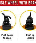 Four Pack 8 Inch ISO Shipping Container Caster Wheels With Brakes showing lock and unlock mechanism