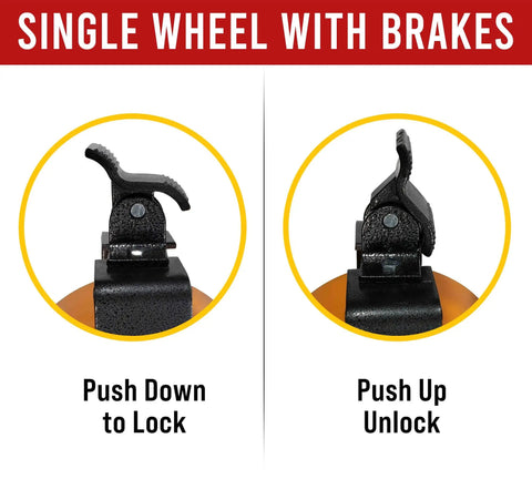 Four Pack 8 Inch ISO Shipping Container Caster Wheels With Brakes showing lock and unlock mechanism