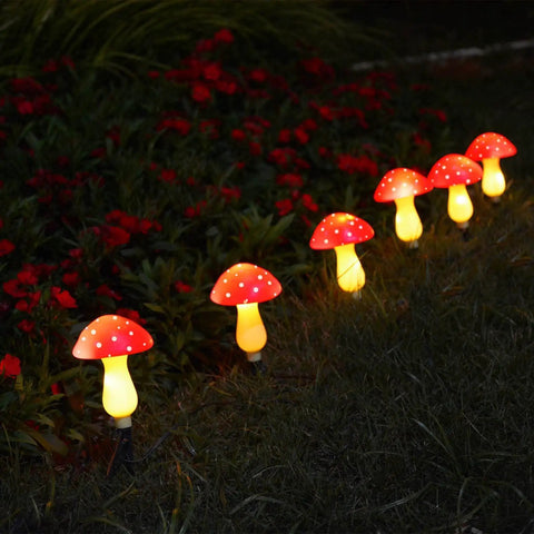 Colorful Solar Mushroom String Lights Waterproof Outdoor Decor With 8 Modes And Memory For Garden Pathway Landscape Yard Easter Halloween Xmas Holiday Vibe Decor Set Of 6 Red illuminating at night.