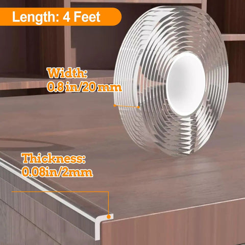 4 Ft Clear Corner Protectors For Babies, Soft Edge Guard Pad For Sharp Furniture on a table, showing length, width, and thickness.