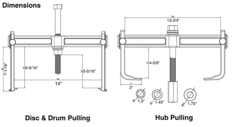Technical dimensions of Heavy Duty Hub Drum And Rotor Puller Kit for impact wrench removal with three hub adapters shown.