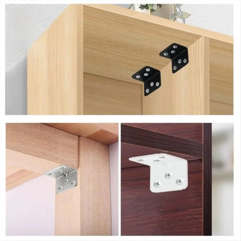 Rock Solid Heavy Duty L Brackets No Sweat Assembly Furniture Hardware Pack metal brackets securing wooden corners in various finishes.