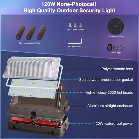 Diagram of 120W LED wall pack light components, including polycarbonate lens and waterproof rubber gasket, for Powerful 4 Pack 120W LED Wall Pack Lights Outdoor Waterproof Wall Mount Security Lighting 5000K 15600 Lumens Replaces 800W HPS HID for Exterior Walls and Parking Areas.