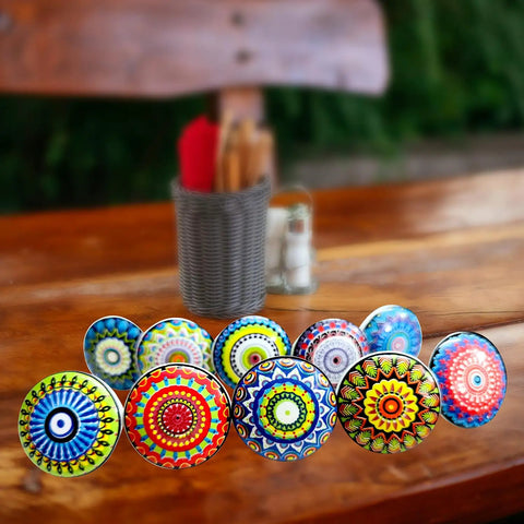 Ceramic Cabinet Knobs Set With Vintage Look Hand Painted Multicolor Mandala Designs For Doors, Wardrobes, Kitchen Cabinets, Drawers, Dresser, And Cupboards Pulls That Rad Upgrade For Your Space displayed on a wooden surface