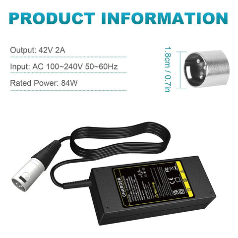42V 2A E Bike Charger With 3 Pin XLR Male Connector For 36V Batteries Fast Safe Charging Wide Input 100 240V AC Two Prong Output Power Cord Adapter For Most 42V E Bikes