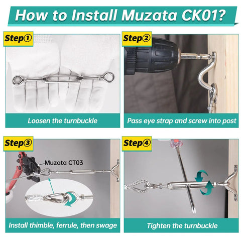 How to Install Muzata CK01 with 20 Piece 1/8 Inch Cable Railing Hardware Kit Beefy Turnbuckles M5 Eye To Eye System