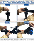 Step-by-step assembly of Height Adjustable Bike Repair Stand For Bench Mount, showing anti slip clip and mount installation.