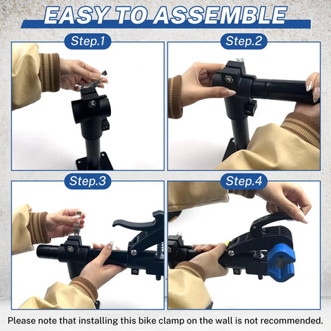 Step-by-step assembly of Height Adjustable Bike Repair Stand For Bench Mount, showing anti slip clip and mount installation.