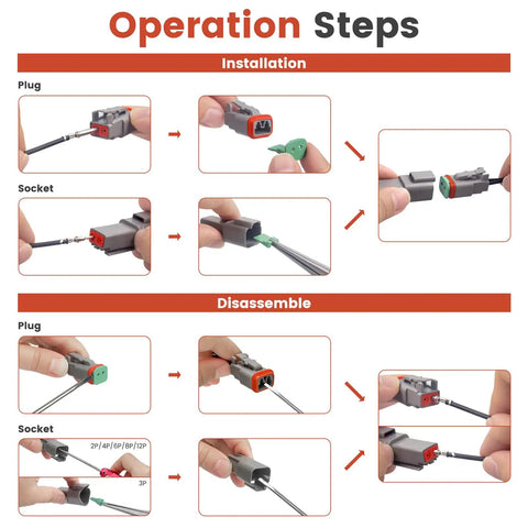 Two Pin Deutsch Connector Kit installation and disassembly steps showing DT Series 2 Pin waterproof kit components in use.