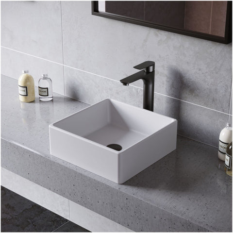 Quattro QM174 Vibrant Matte White 15 Inch Square Bathroom Vessel Sink For Above-Counter Installation on marble countertop