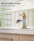 Waterfall Bathroom Faucet For 1 Or 3 Holes, Widespread Single Handle, Dope Gold And Chrome Finish on rustic farmhouse vanity