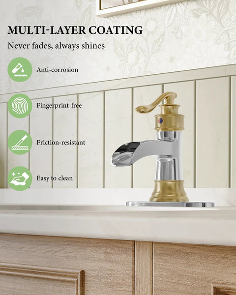 Waterfall Bathroom Faucet For 1 Or 3 Holes, Widespread Single Handle, Dope Gold And Chrome Finish on rustic farmhouse vanity
