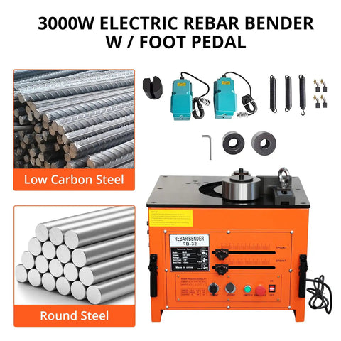 Heavy Duty Electric Rebar Bender With A Beastly 3000W Motor That Knocks Out Steel Rods Fast Offers Hassle Free Zero To One Eighty Angle Adjustments And A Smooth Foot Pedal For Boss Level Jobsite Efficiency with steel rods and accessories.