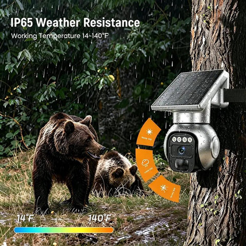 Rugged Wireless Solar Security Camera With 4G Lte Upload And Crisp Five Megapixel Clarity for outdoor use on tree in rain.