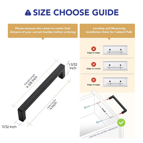 Size guide for 30 Pack 4 Inch Center To Center Slim Square Bar Drawer Pulls Matte Black Kitchen Cabinet Handles