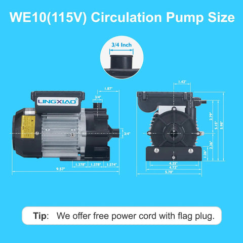 Premium Sweet Plug And Play Hot Tub Circulation Pump, Heavy Duty 0.25HP Spa Replacement Motor 115V, side view with dimensions.
