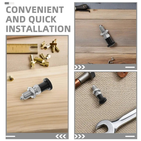 M10 Stainless Steel Reset Indexing Plunger Rock Solid Spring Locking Pin on wood surface among tools for quick installation.