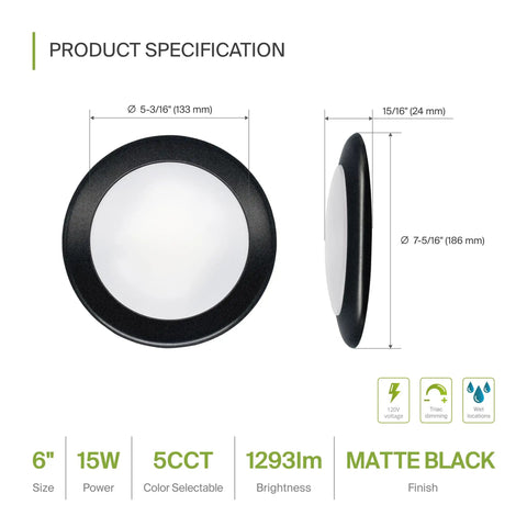 Product specifications of a round LED ceiling light showing dimensions and features, matte black finish