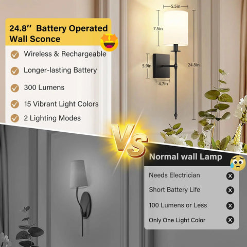 Wireless Rechargeable Set of 2 Battery Operated Wall Sconces With Remote Control For Indoor Home Decor sleek matte black sconce with measuring details