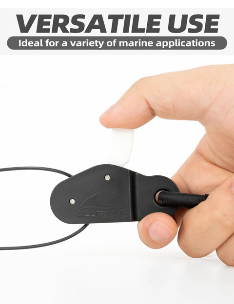 Outrigger Halyard Lock Pulley With Ball Bearing Snap Swivel For Offshore Fishing Beefed Up Line Lock System To Keep Your Halyard In Check Improved Trolling Control Black Edition black pulley held by hand