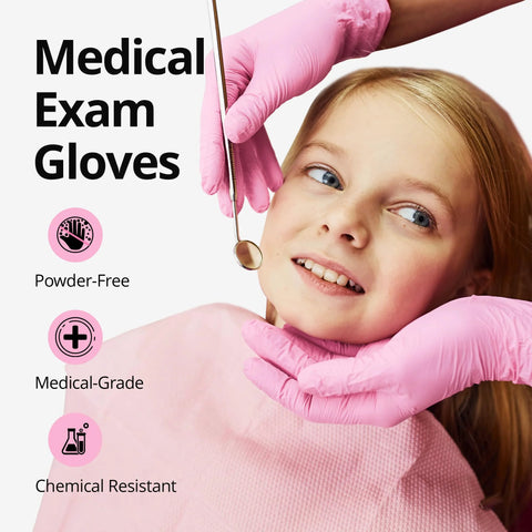 SwiftGrip pink nitrile medical exam gloves; powder-free, medical-grade, chemical resistant.