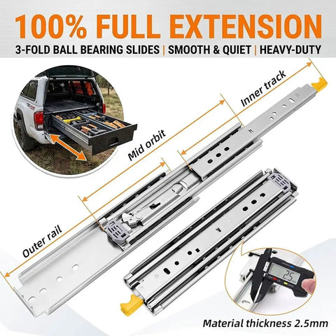 Beefy Heavy Duty Full Extension Ball Bearing Drawer Slides Pair For 20 To 76 Inch Range, Side Mount Rails, 76mm Wide