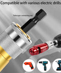 Built Tough Electric Wire Stripper Drill Attachment With Sharp Tungsten Blade, No Sweat Cable Crimper, Effortless Wiring Gear For Tradespeople And Weekend Builders, showing telescopic connecting rod with compatibility for drills.