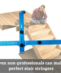 DIY Friendly Stair Stringer Cutting Layout Tool Four Step Guide To Measure Calculate Mark And Cut in use by man on stairs