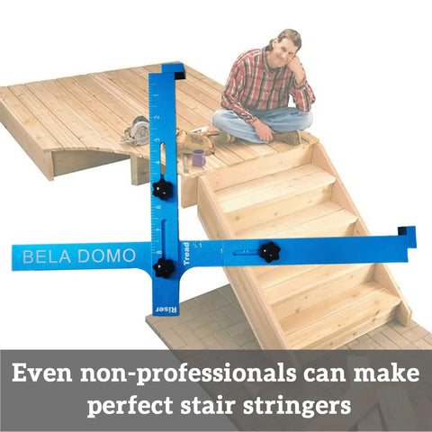 DIY Friendly Stair Stringer Cutting Layout Tool Four Step Guide To Measure Calculate Mark And Cut in use by man on stairs