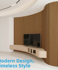 Roll Flexible Acoustic Wood Slat Wall Panels Teak Finish in modern room with TV and curved shelf.