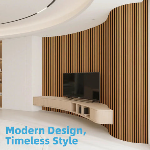 Roll Flexible Acoustic Wood Slat Wall Panels Teak Finish in modern room with TV and curved shelf.
