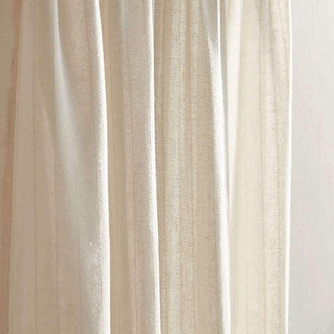 Close-up of Pinstripe Sheer Curtain Panels Set, 50 x 84 Inches, Light Beige, Rod Pocket, Two Panel Window Treatments For Living Room And Bedroom.