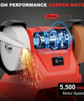 Badass Cordless Bench Grinder And Polisher With Killer 5500 Rpm Thrust showing 5500 RPM motor with sparks and dual disks.