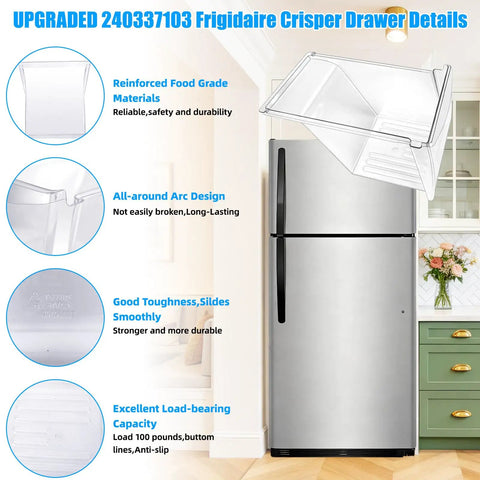 2 Pack Upgraded Refrigerator Crisper Drawers Bins Replacement For Frigidaire And Kenmore next to fridge with features highlighted