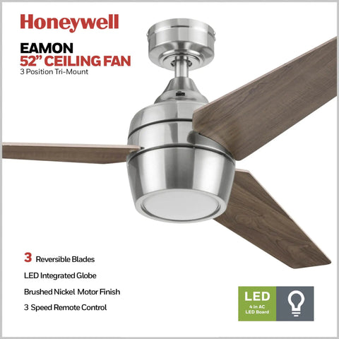 52 Inch Ceiling Fan With Light And Remote Control For Large Indoor Rooms Ideal For Living Rooms And Offices, LED Indoor Fan With 3 Blades In Brown Maple And Black Finishes, Brushed Nickel Style, showing reversible blades and LED globe