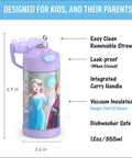 Kids Stainless Steel Water Bottle With Straw And Lid, 12 Ounce Vacuum Insulated Keeps Drinks Cold Up To 12 Hours, Frozen 2 Design